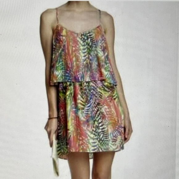 Parker Palmetto Pleated Dress Tropical 🌴 Multicolor Tiered Sz L - Picture 2 of 8